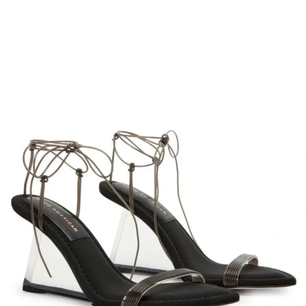 Good American Clear Wedge Ankle Strap Sandals Neoprene GA080N-E BLACK001 Size 4